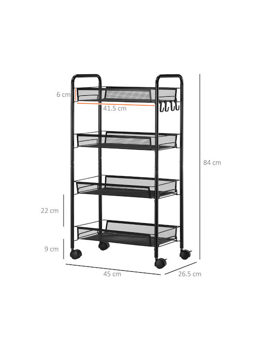 HomCom HomCom Plastic Kitchen Trolley 4 Tiers Black 45x26.5x84cm