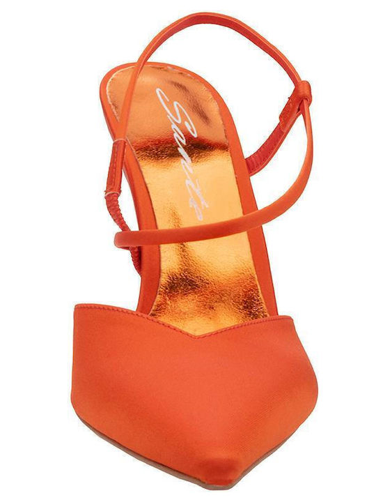 Leather Pointed Toe Stiletto Orange High Heels with Strap