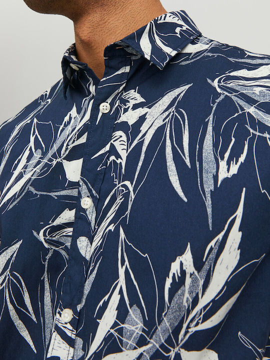 Short-sleeved Cotton Shirt Floral Navy Blue