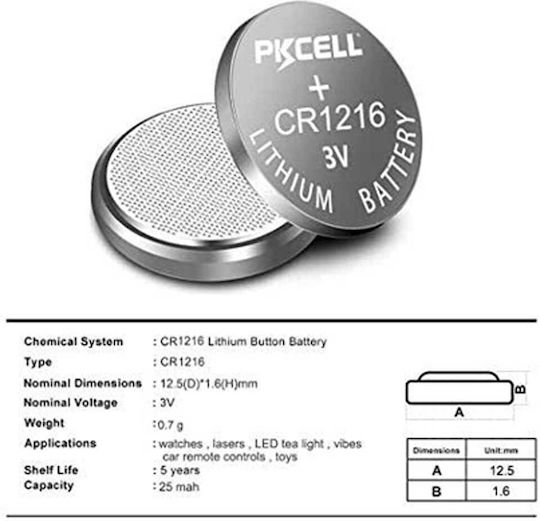 Pkcell Batterie Lithium für Uhren CR1216 3V 1Stück