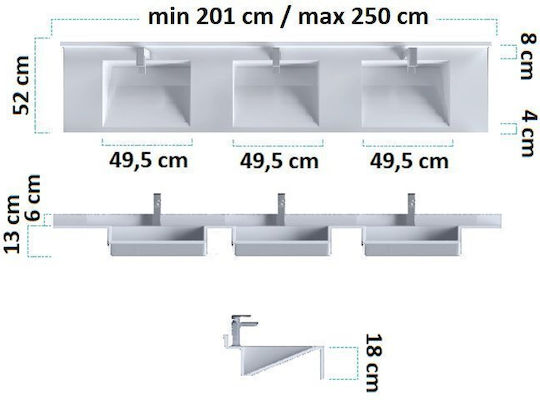 Sanitec Matrix Triple An der Wand montiert Wandhängendes / Eingelassenes Waschbecken Porzellan 250x52x6cm Gray