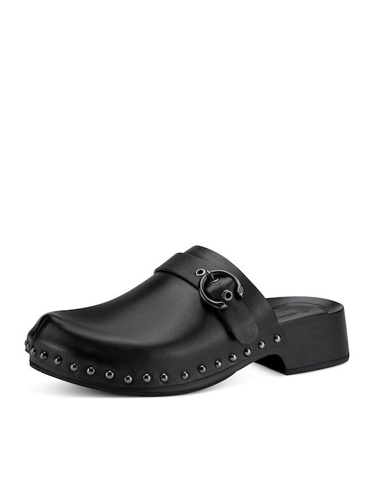 Leather Mules with Chunky Low Heel in Black Color