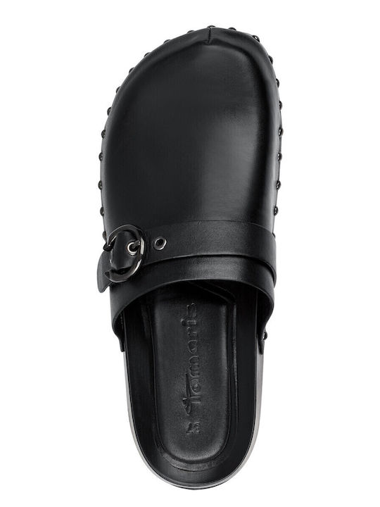 Leather Mules with Chunky Low Heel in Black Color