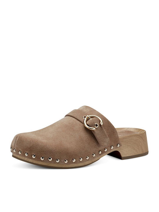 Suede Mules with Chunky Low Heel Camel Suede