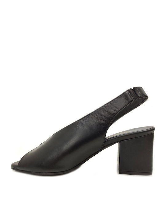 Leather Peep Toe Black Medium Heels with Strap
