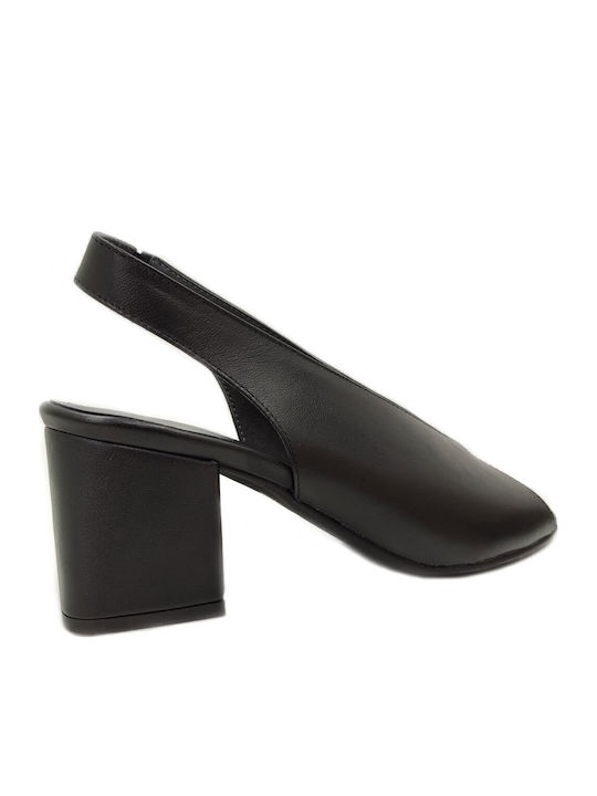 Leather Peep Toe Black Medium Heels with Strap