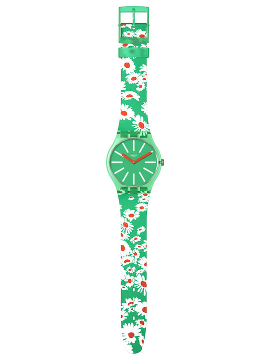 Swatch Meadow Flowers Damen Uhr mit Grün Kautschukarmband