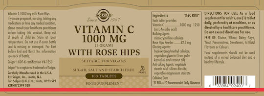 Solgar Vitamin C with Rose Hips Βιταμίνη για Ενίσχυση του Ανοσοποιητικού, τo Δέρμα & Αντιοξειδωτική δράση 1000mg 100 ταμπλέτες