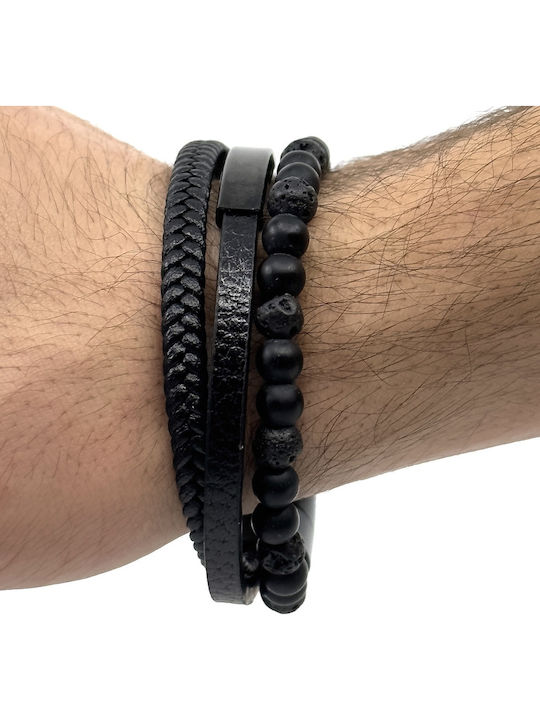 Legend Accessories Βραχιόλι από Δέρμα με Πέτρες Λάβας 21cm