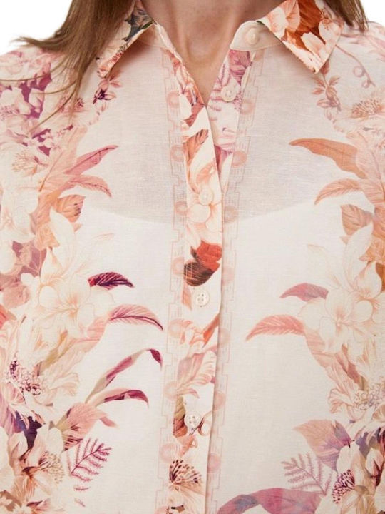 Long Sleeve Women's Linen Beige Floral Shirt