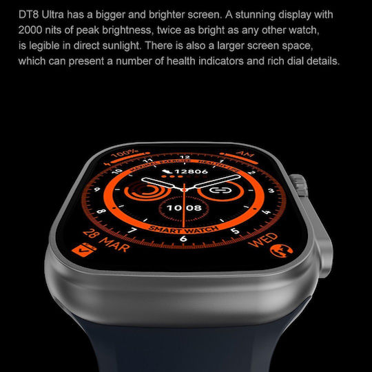 DT NO.1 DT8 Ultra Aluminium 43mm Smartwatch with Heart Rate Monitor (Black Case / Black Silicone Strap)