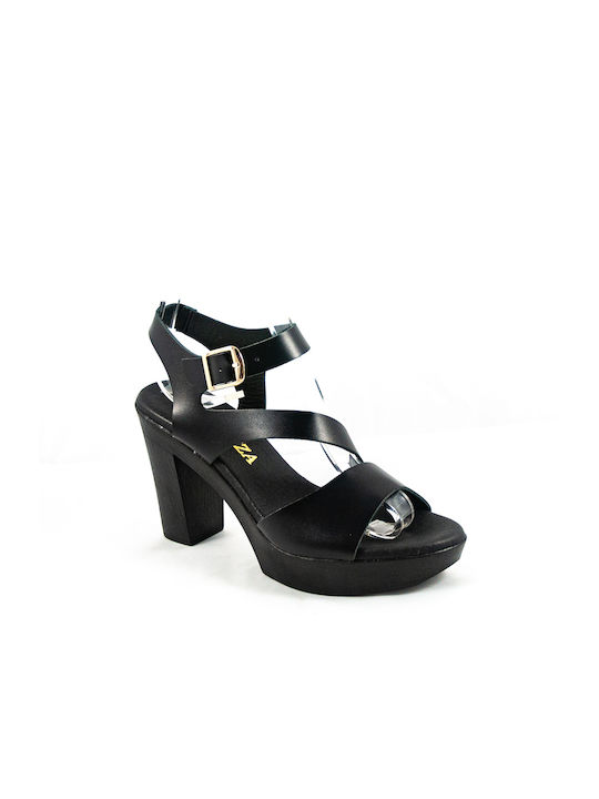 Ragazza -01 Leather Women's Sandals with Chunky High Heel In Black Colour