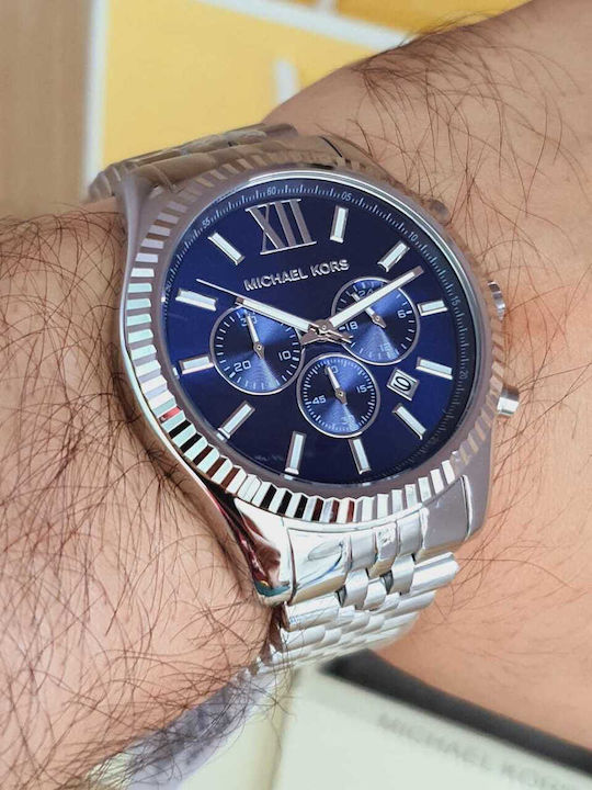 Michael Kors Lexington Men's Watch 45mm Chronograph Battery with Silver Metal Bracelet