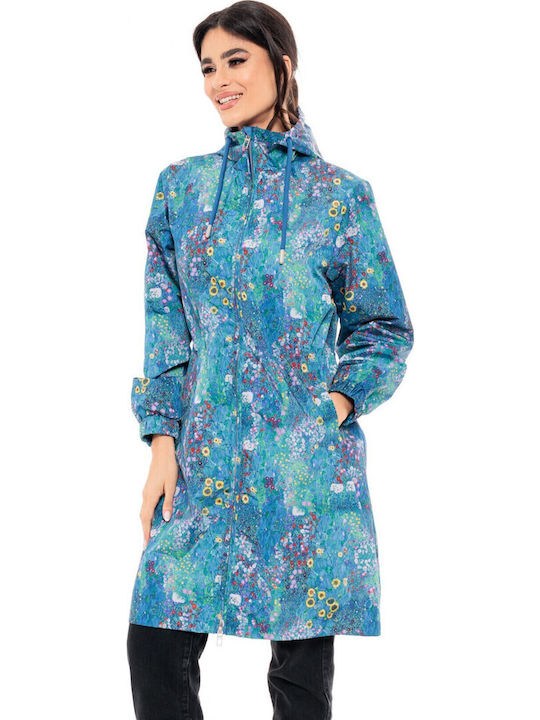 Damen Blue Printed Kurzmantel mit Reißverschluss