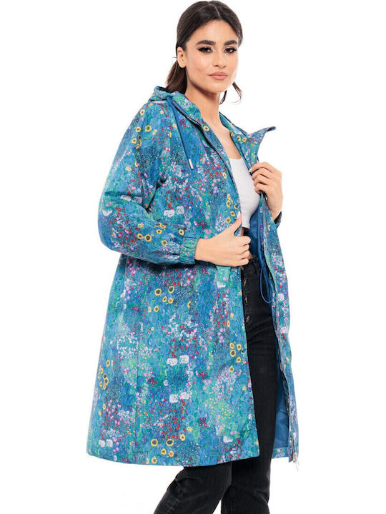 Damen Blue Printed Kurzmantel mit Reißverschluss