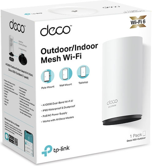 TP-LINK Deco X50-Outdoor v1 Punct de Acces Rețea WiFi Mesh Wi-Fi 6 Bandă Duală (2.4 și 5GHz) pentru Poziționare Externă Alb