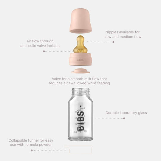 Bibs Glass Baby Bottle with Rubber Teat for 0+ Months Dusky Lilac 110ml