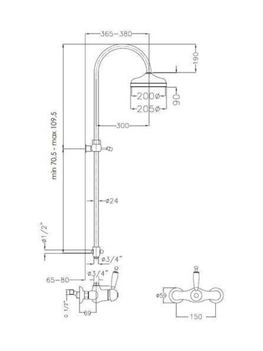 Bugnatese Oxford Adjustable Shower Column with Bathtub Mixer 92-125cm Silver