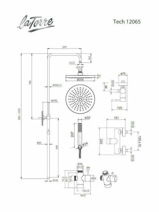 La Torre New Tech 12065 Adjustable Shower Column with Bathtub Mixer 83-144cm Silver