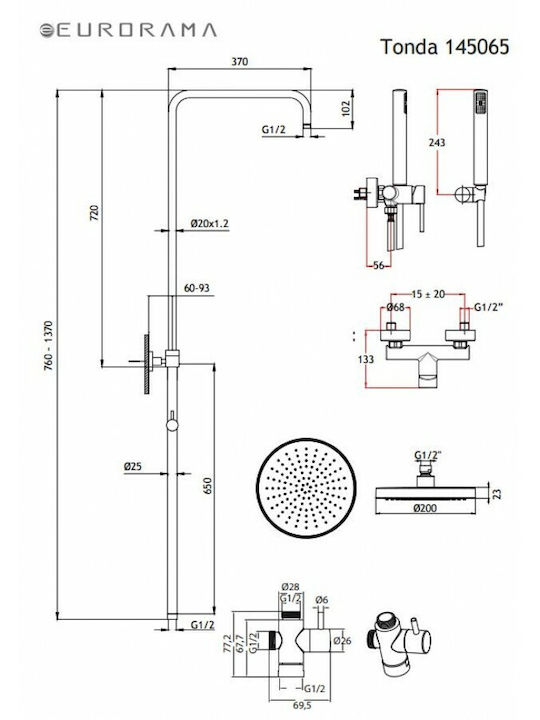 Eurorama Tonda Adjustable Shower Column with Bathtub Mixer 83-144cm Silver