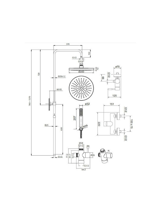 La Torre New Tech 12065 Adjustable Shower Column with Bathtub Mixer 83-144cm Silver