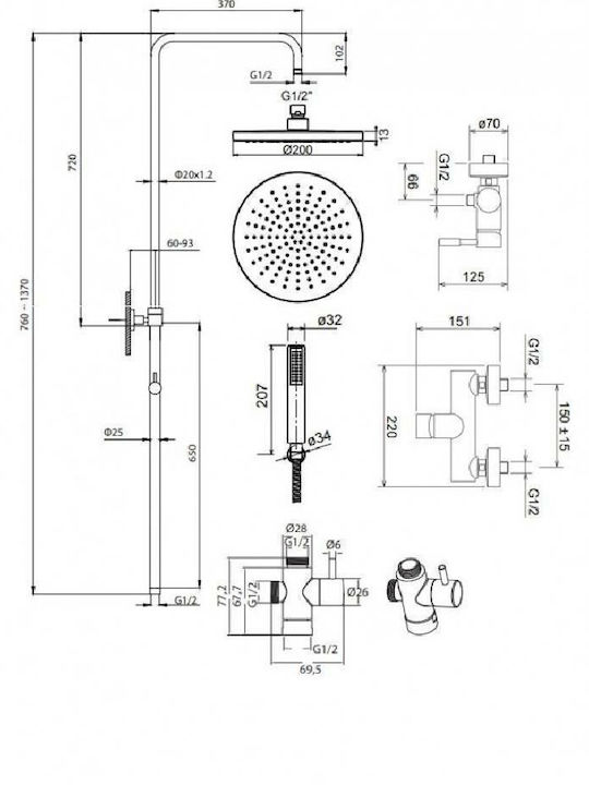 La Torre New Tech 12065 Adjustable Shower Column with Bathtub Mixer 83-144cm Silver