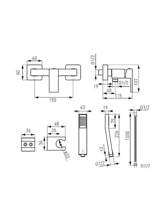 Ferro Zicco Mischung Bade- / Duscharmatur Badewanne Komplettes Set Silber