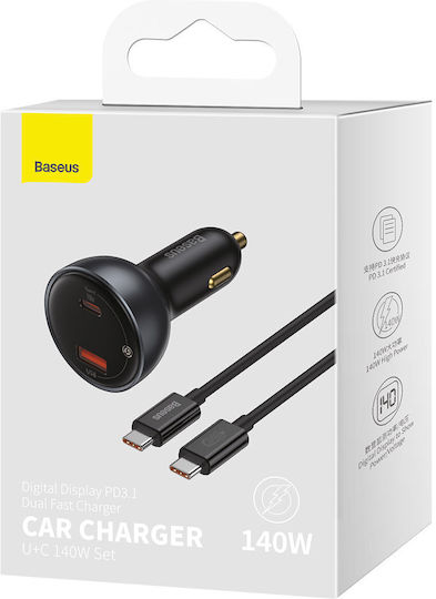 Baseus Φορτιστής Αυτοκινήτου 140W 5A Γρήγορης Φόρτισης με Θύρες: 1xUSB 1xType-C και Βολτόμετρο Μαύρο Χρώμα