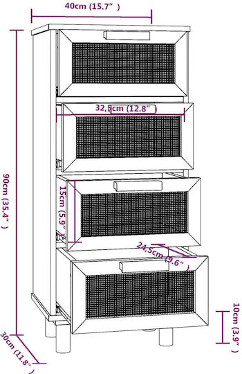 Chest of Drawers of Solid Wood with 4 Drawers 40x30x90cm