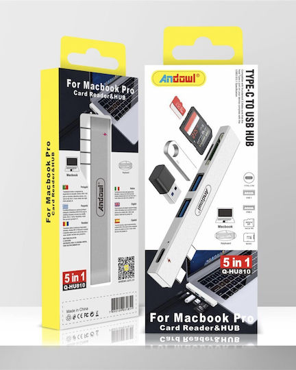 Andowl USB-Hub 5 Anschlüsse USB 3.0 mit USB-C Anschluss Silber