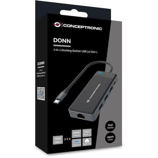 Conceptronic USB-C Docking Station με HDMI 4K PD Ethernet και συνδεση 2 Οθονών Μαύρο (DONN14G)
