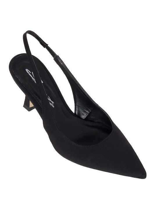 Sante Leather Pointed Toe Black Medium Heels with Strap