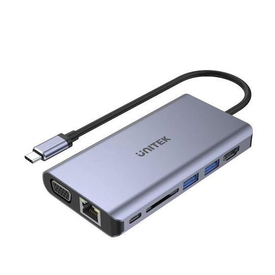 Unitek uHUB O8+ USB-C Docking Station με HDMI 4K PD Ethernet και σύνδεση 2 Οθονών Ασημί