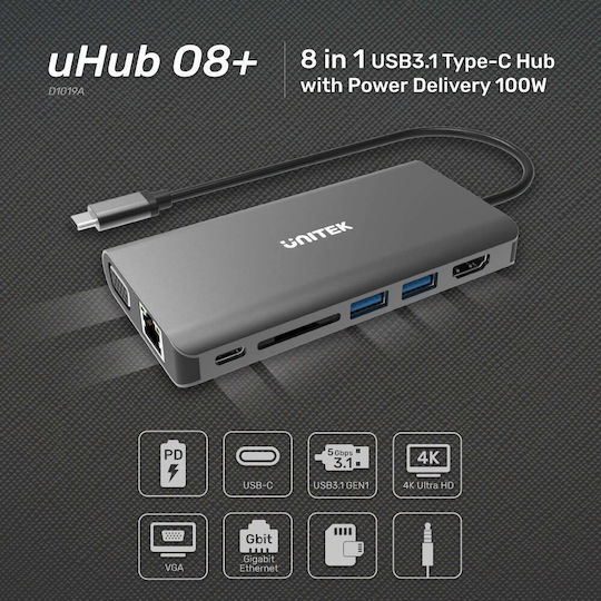 Unitek uHUB O8+ USB-C Docking Station με HDMI 4K PD Ethernet και σύνδεση 2 Οθονών Ασημί