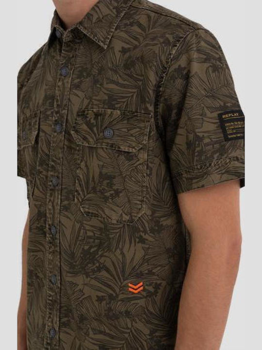 Tropical Short-sleeved Cotton Shirt Floral Khaki