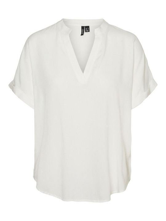 Damen Sommer Bluse Baumwolle Kurzärmelig mit V-Ausschnitt Snow White