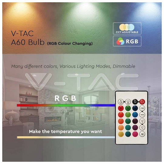 V-TAC Smart Λάμπα LED 8.5W για Ντουί E27 και Σχήμα A60 RGB 806lm Dimmable