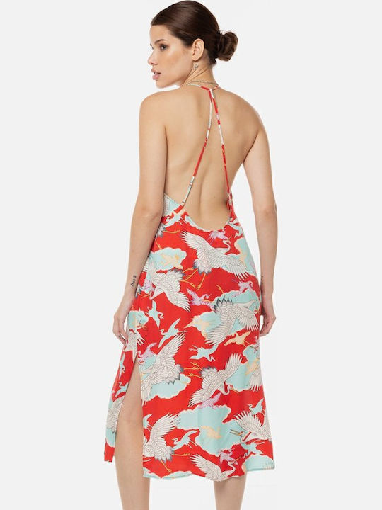 Summer Midi Slip Dress with Tearing Red