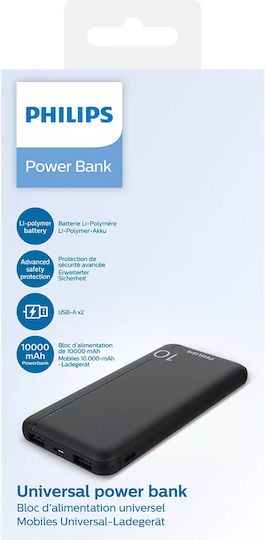 Philips DLP1810 Power Bank 10000mAh 37W με 2 Θύρες USB-A Μαύρο