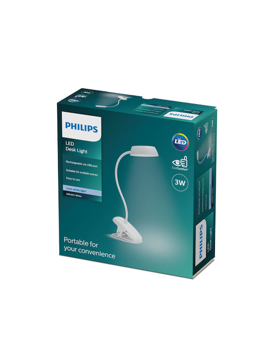 Philips Donutclip Επαναφορτιζόμενο LED Φωτιστικό Γραφείου με Εύκαμπτο Βραχίονα και Κλιπ σε Λευκό Χρώμα