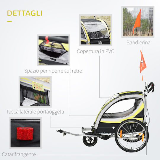 Homcom Kids and Stroller Bicycle Trailer 2 1 Brake Belt 5-Point Flag 142 X 75 X 101 Cm Yellow