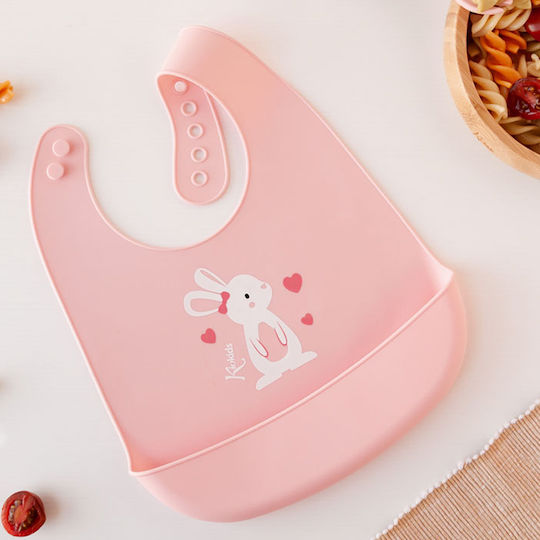 Kiokids Lovely Bunny Waterproof Bib Silicone with Button & Pocket Pink for 4 m+