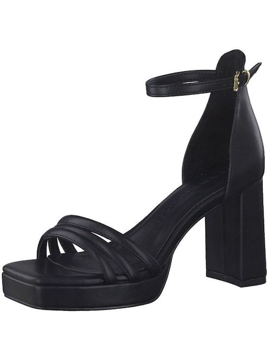 Marco Tozzi Leather Women's Sandals Anatomic with Chunky High Heel In Black Colour