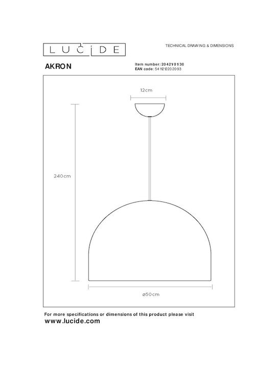 Lucide Lightning Akron Μοντέρνο Κρεμαστό Φωτιστικό Μονόφωτο Καμπάνα με Ντουί E27 σε Μαύρο Χρώμα