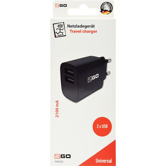 2GO Ladegerät ohne Kabel mit 2 USB-A Anschlüsse Schwarzs (794250)