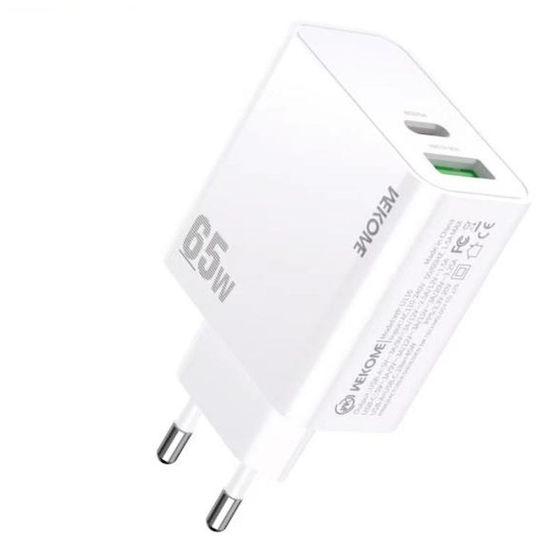 WK Φορτιστής Χωρίς Καλώδιο με Θύρα USB-A και Θύρα USB-C 65W Power Delivery / Quick Charge 3.0 Λευκός (WP-U116)