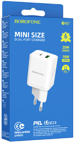 Borofone Charger Without Cable with USB-A Port and USB-C Port 20W Power Delivery / Quick Charge 3.0 Whites (BN7)