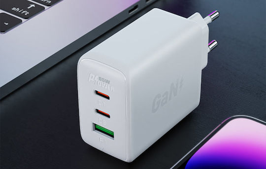 Acefast Wireless Charger GaN With USB-A Port And 2 USB-C Ports 65W Power Delivery Quick Charge 2.0 Quick Charge 3.0 Quick Charge 4+ White