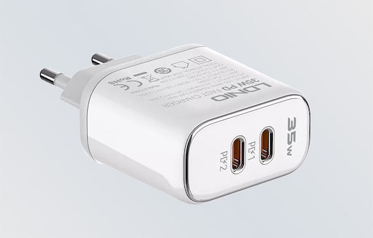 Ldnio Ladegerät mit 2 USB-C Anschlüsse und Kabel USB-C - Lightning 35W Stromlieferung Weißs (A2528M)