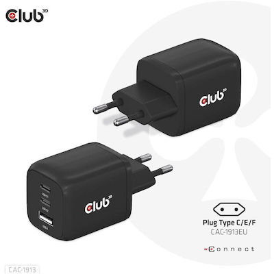 Club3D Ladegerät ohne Kabel GaN mit USB-A Anschluss und 2 USB-C Anschlüsse 65W Schwarzs (PPS)